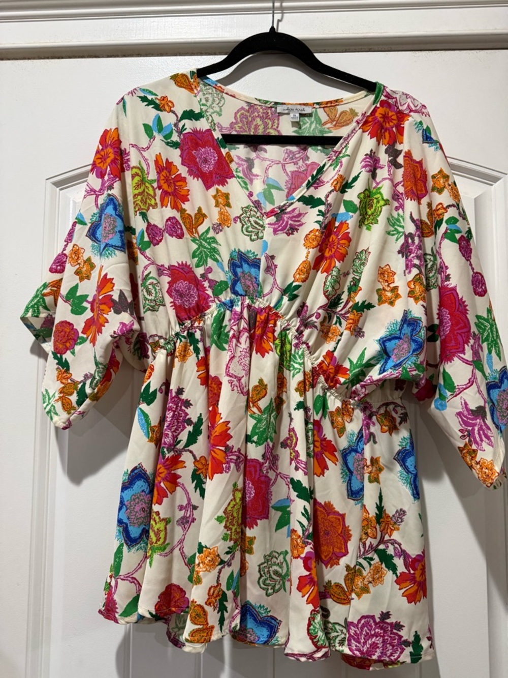 white birch Cream Floral V-Neck Peplum Tunic with Multicolor Blooms
